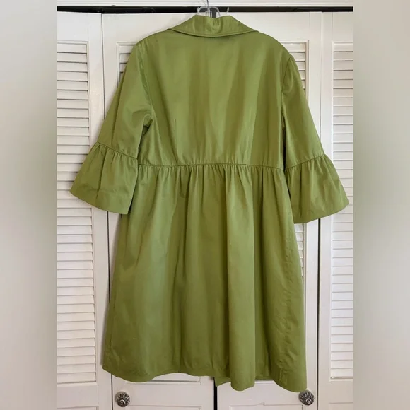 GREEN 3/4 sleeve RUFFLED spring TRENCH COAT feminine baby doll cut! SIZE LARGE - Picture 2 of 5